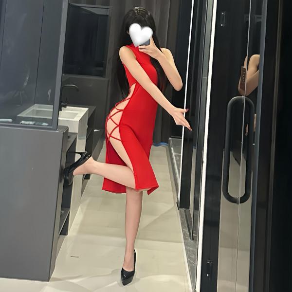 過激 ロングドレス チャイナドレス風 【両サイド深スリット/編み上げ】 腰見せ 大胆露出 悩殺 タイト セクシー コスプレ 衣装 レッド F859 画像7