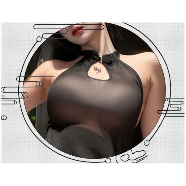 シースルー ホルターネック スリット入りロングドレス＆Tバック＆ガーターストッキングセット 超セクシーコスチューム 挑発的な F719 画像3