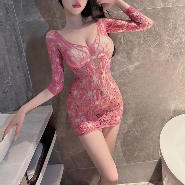 過激 ボディストッキング ミニドレス 【愛されピンク/花柄レース】 七分袖 蝶 バタフライ 穴あき 透け感 シースルー セクシー ランジェリー 桃色 F861 画像3