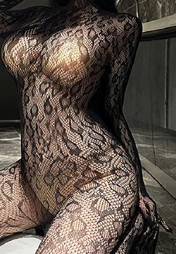 過激 全身網タイツ ボディストッキング 【黒豹/指先まで包む】 グローブ一体型 5本指 穴あき ヒョウ柄 レース 透け感 妖艶 ブラック ランジェリー F850 画像1