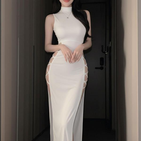 過激 ロングドレス チャイナドレス風 【両サイド深スリット/編み上げ】 腰見せ 大胆露出 悩殺 タイト セクシー コスプレ 衣装 ホワイトF860 画像3