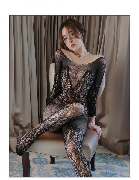 【即ハメ/ド変態露出】 オフショルダー 長袖 フローラル総レース×細網メッシュ ボディストッキング 全身タイツ 股あき 穴あき オープンクロッチ セクシーランジェリー ブラック フリーサイズ F-061 画像8