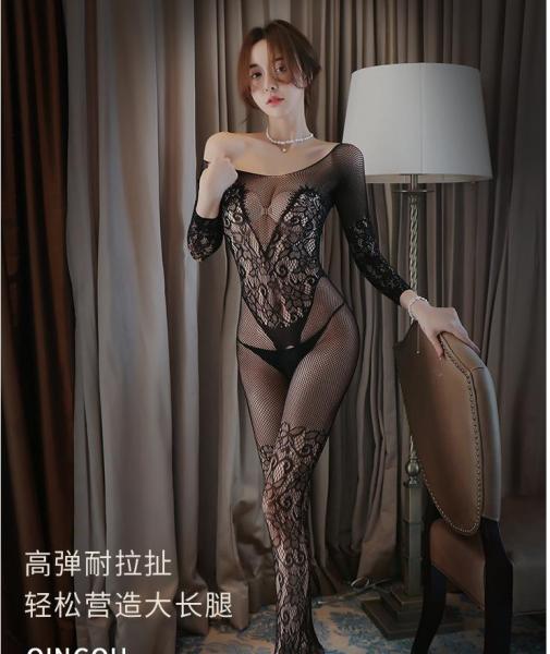 【即ハメ/ド変態露出】 オフショルダー 長袖 フローラル総レース×細網メッシュ ボディストッキング 全身タイツ 股あき 穴あき オープンクロッチ セクシーランジェリー ブラック フリーサイズ F-061 画像9