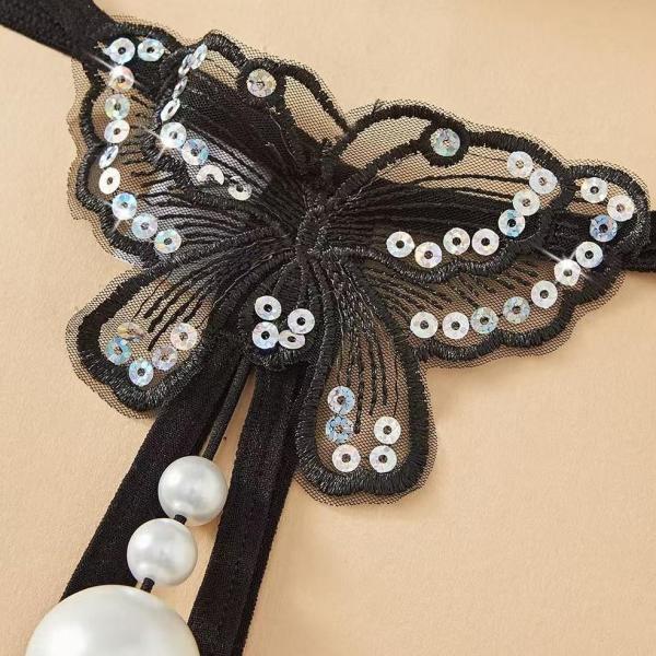 【蝶×パール揺らめく背徳感】 蝶々刺繡 スパンコール 真珠風ビーズ付き 極細Tバック ショーツ セクシーランジェリー ブラック Lサイズ F-817 画像7