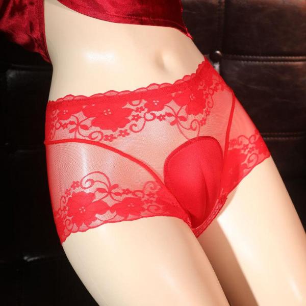 【女装・変形ショーツ×立体スリット】「上向きに収めて、小さく隠す…」立体パッドポケット モッコリ解消 秘部スリット 花柄シースルーレース 総透けショーツ スカーレットレッド XLサイズ F-275 画像2