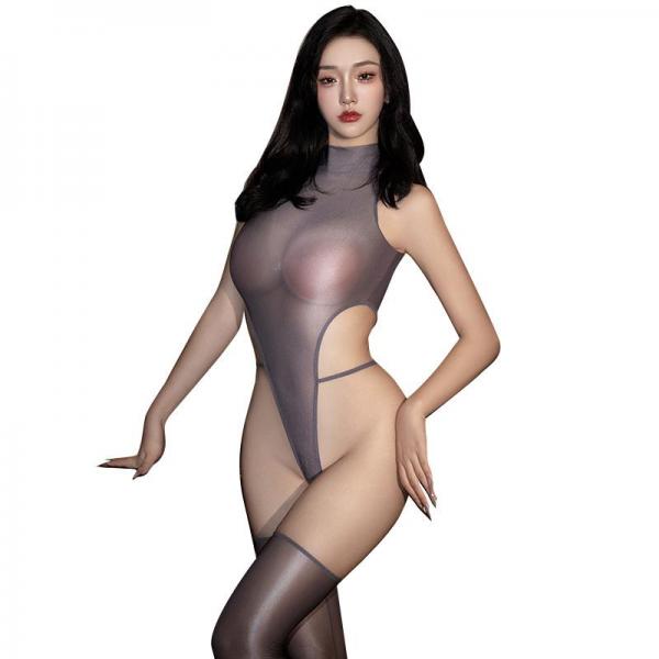 【ハイネック×極薄シースルー】 ノースリーブ ボディースーツ ウルトラハイレグ サイドオープン セクシーランジェリー グレー フリーサイズ F-728 画像1