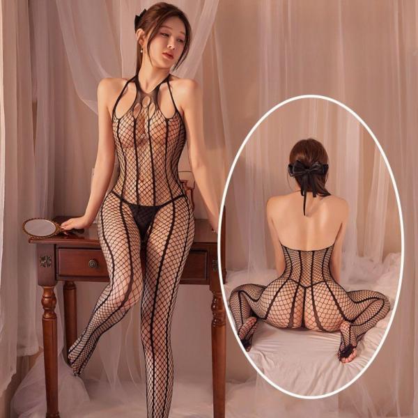 【痴女化×全身網タイツ縛り】「お願い、見ないで…全身穴だらけで全部透けちゃう…っ」ホルターネック×縦ライン強調シースルーネット 透け谷間＆秘部食い込み 着衣のまま即挿入プレイ セクシーボディストッキング ブラック フリーサイズ F-645 画像5