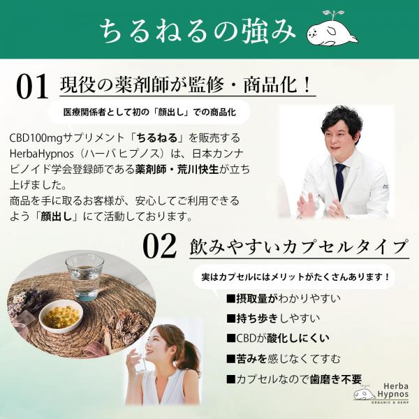 【医療機関採用品・薬剤師完全監修】ちるねる 1粒CBD100mg含有（CBD3000mg/30粒入り） 国内製造 安全性と満足感にこだわって商品化！【エキストラバージンオリーブオイル溶解CBDカプセル】 画像5