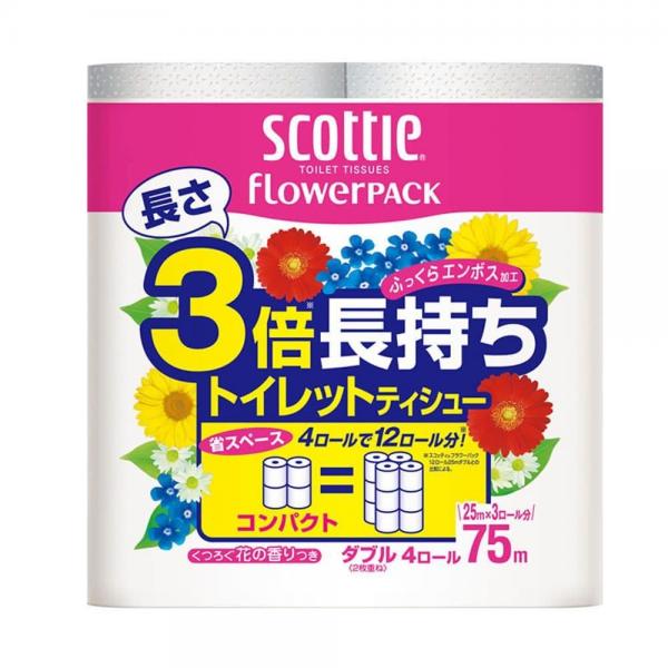  【12ロール】日本製紙クレシア スコッティ フラワーパック 3倍長持ち トイレット 75mダブル 4ロール×3個セット