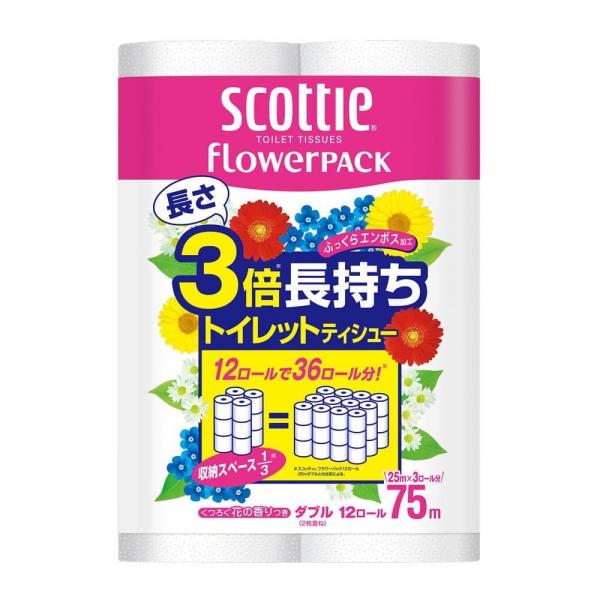 【48ロール】日本製紙クレシア スコッティ フラワーパック 3倍長持ち トイレット（12ロールで36ロール分） 75mダブル 12ロール×4個セット