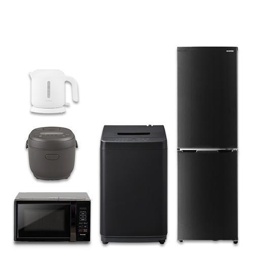家電セット 5点 冷蔵庫162L 洗濯機5kg 単機能レンジ マイコン式炊飯器 ケトル ブラック