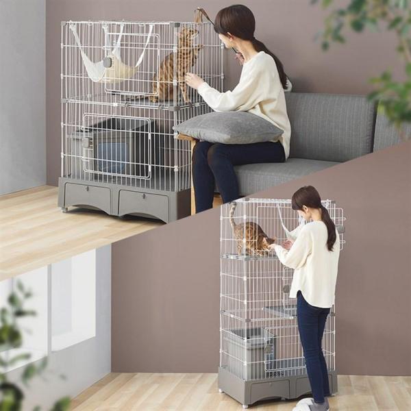 ペットケージ 猫ケージ 猫トイレ付 トイレ一体型キャットケージ（猫砂スコップ、ハンモック付き）グレー MB247 3段タイプ