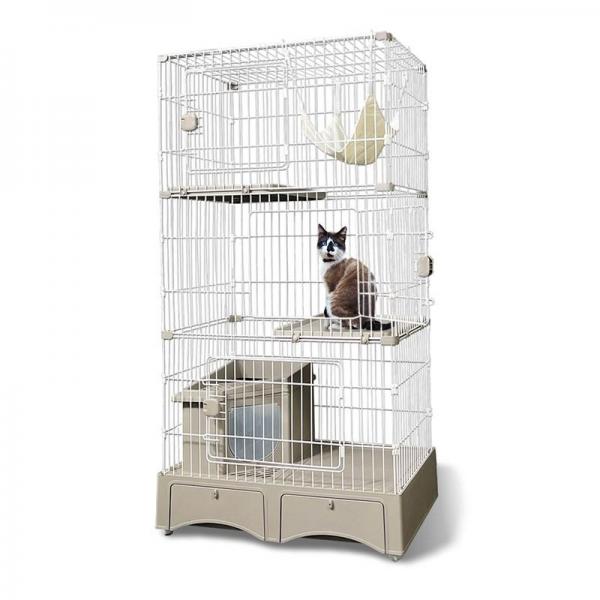 ペットケージ 猫ケージ 猫トイレ付 トイレ一体型キャットケージ（猫砂スコップ、ハンモック付き）グレー MB247 3段タイプ