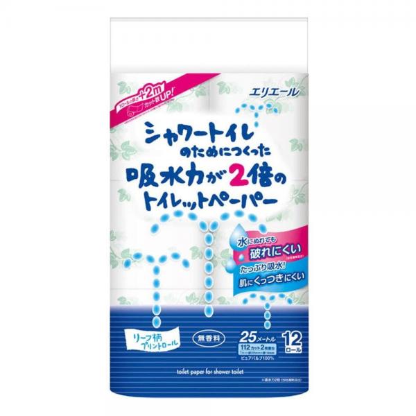 【72ロール】大王製紙 エリエール シャワートイレのためにつくった吸水力が2倍のトイレットペーパー パルプ100％ 25m（112シート）ダブル 12ロール×6個セット ［ケース販売］