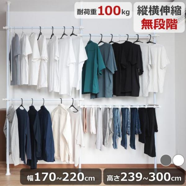 つっぱり棒 ポールハンガー 物干し 幅170＆＃12316；220cm 2段 最大75着収納 スラックスハンガー 耐荷重100kg ロング 省スペース 室内干し 部屋干し 洗濯 服 洋服 上着 衣類 収納 洗濯物 強力 新生活 ホワイト SunRuck 5,584円