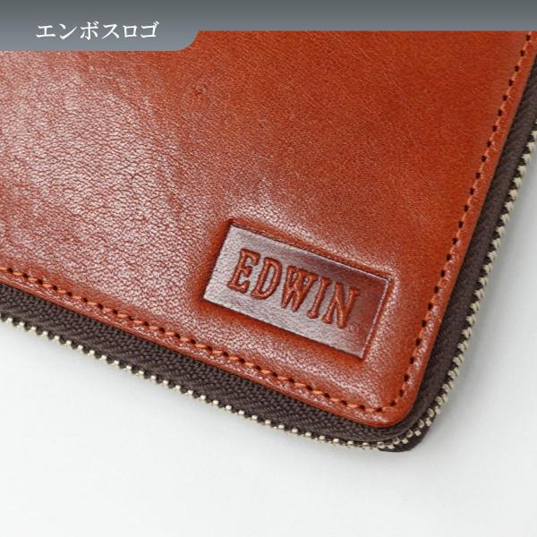 エドウイン EDWIN 二つ折財布 イタリーレザー ラウンドジップ メンズ 牛革 本革 プレゼント  カード収納 ダークオレンジ