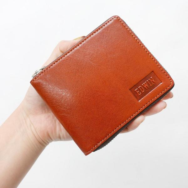 エドウイン EDWIN 二つ折財布 イタリーレザー ラウンドジップ メンズ 牛革 本革 プレゼント  カード収納 ダークオレンジ