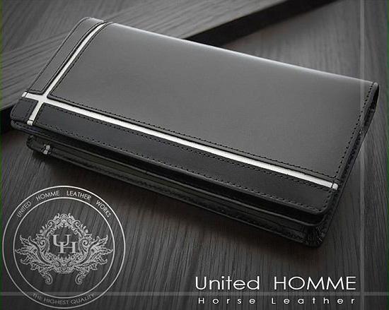 【unitedHOMME】馬革×牛革クロスラインデザイン紳士長財布■ホワイトライン×1個