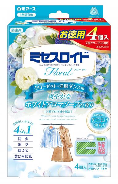 【まとめ買い】ミセスロイドフローラル クローゼット・洋服ダンス用 4個入 1年防虫 ホワイトアロマソープの香り