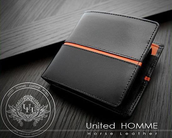 【unitedHOMME】馬革×牛革センターラインデザイン二つ折り財布■オレンジ×1個
