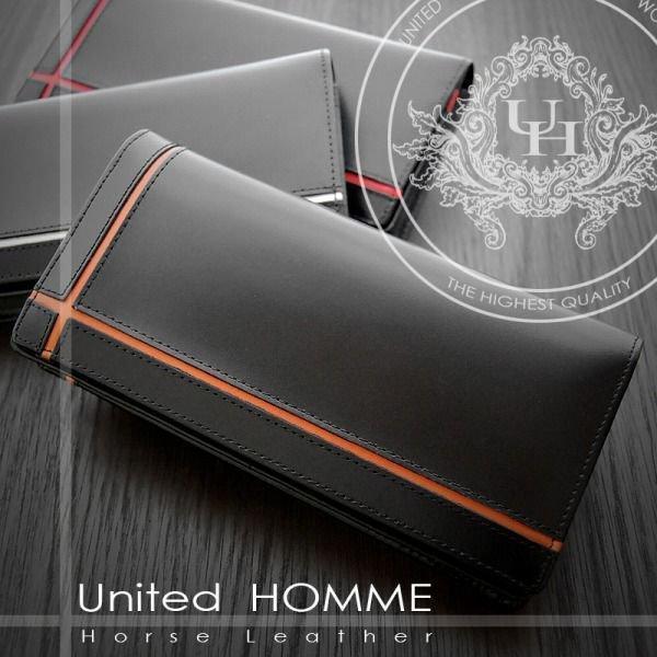 【unitedHOMME】馬革×牛革クロスラインデザイン紳士長財布■オレンジライン×1個