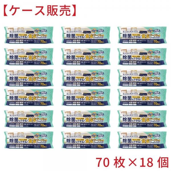 除菌もできる！ 食卓テーブル用ウェットタオル 70枚入×18個【ケース販売】