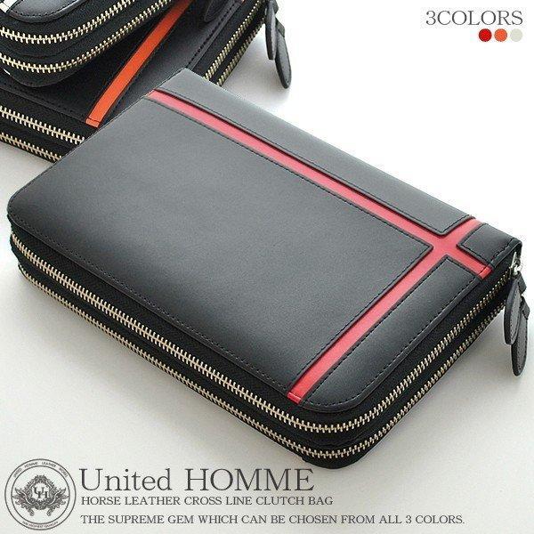 【unitedHOMME】馬革クロスラインデザインダブルラウンドファスナー クラッチバッグ■レッドライン×1個