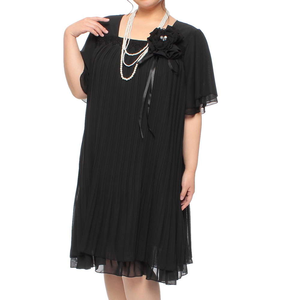【2点セット】f-mode コサージュ付き プリーツワンピース風 ミディアムドレス ブラック